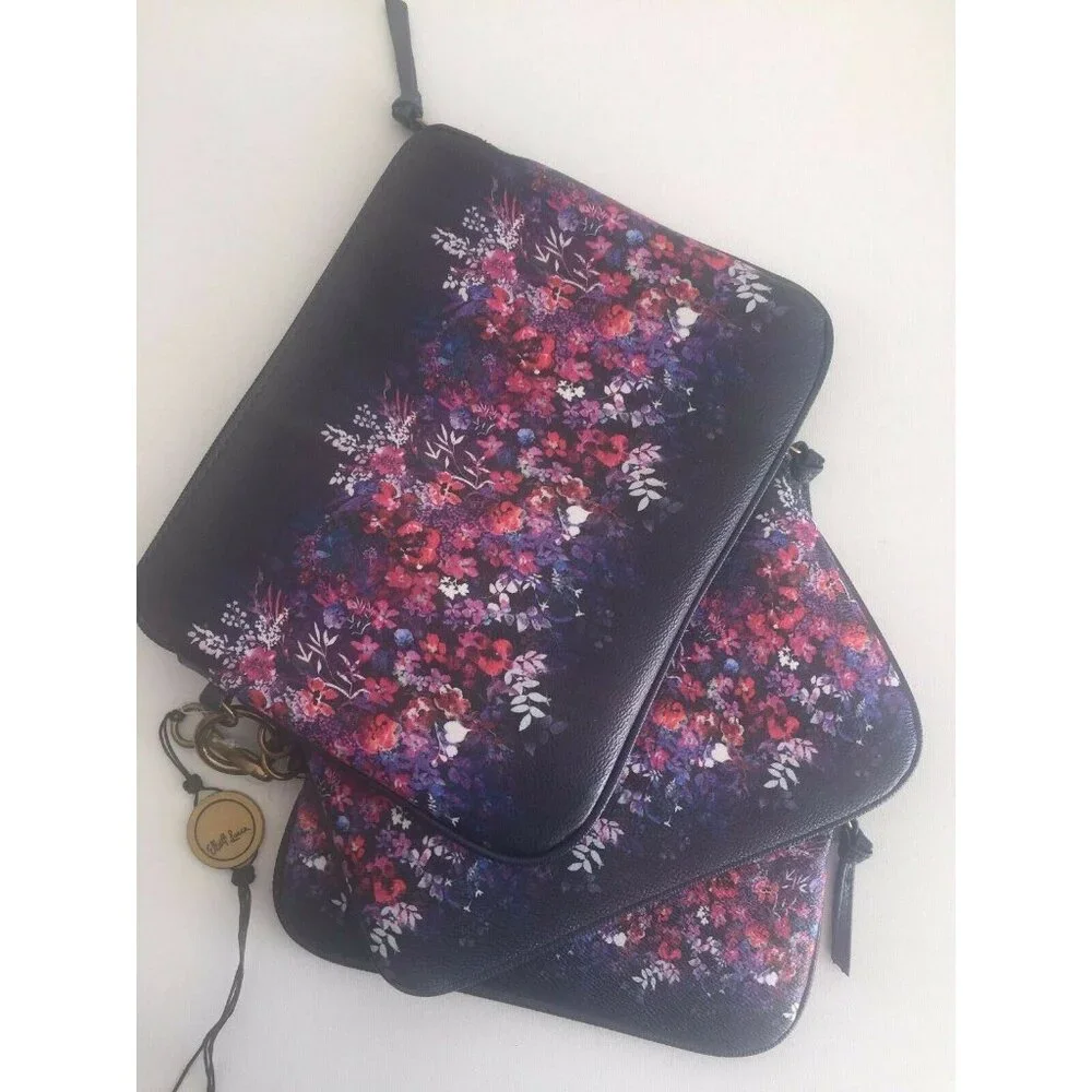 Elliott Lucca Set of 3 Artisan Floral Bouquet Indigo Blue Cosmetic Bags NEW